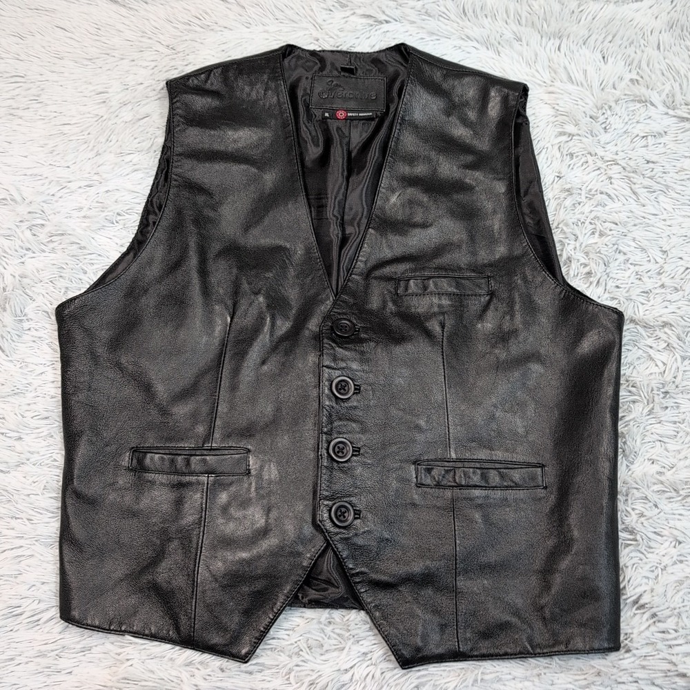 Overdrive Vest Mens XL Black Leather Button Up Motorcycle Soft Pockets Comfort